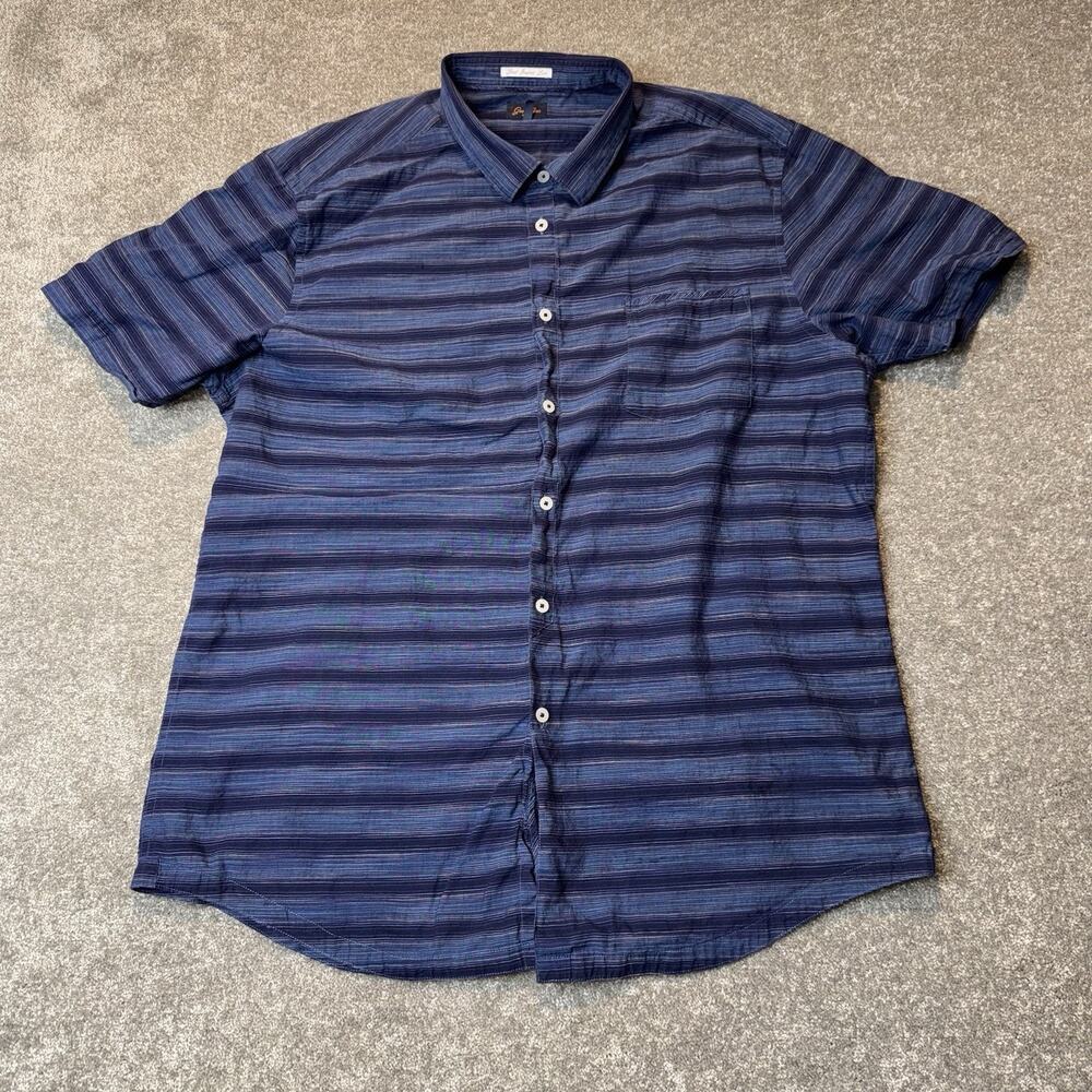 Good Man Brand XXL Navy Blue Striped Shirt Button Up Short Sleeve Cotton Casual
